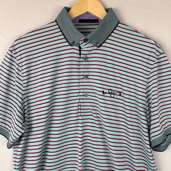 Greyson Striped Polo Short Sleeve Shirt Golf Course Logo Blue Men's Size M - Picture 2 of 10